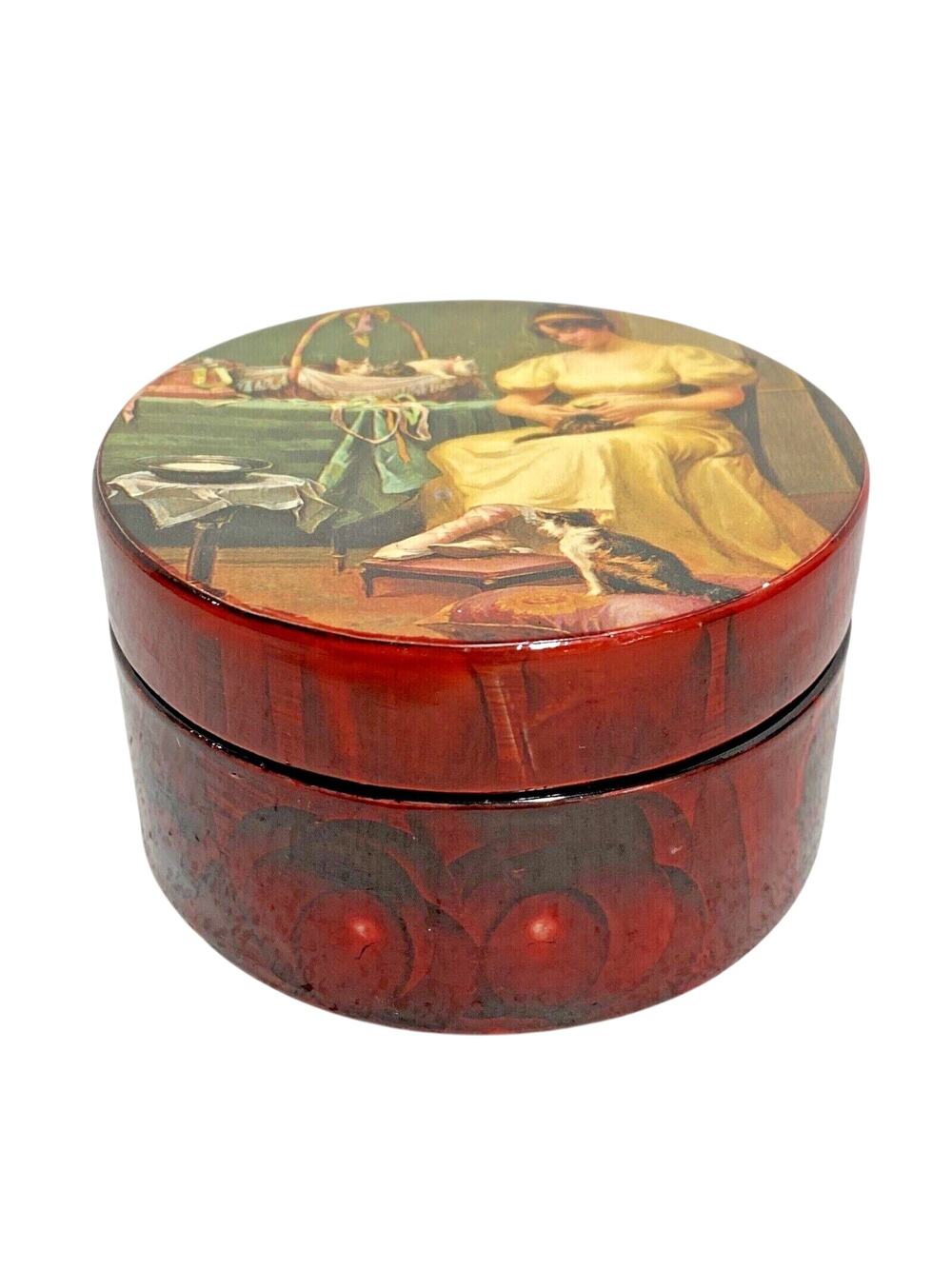 Vintage Y2K trinket Jewelry box round mahogany lacquerware cottage core romantic